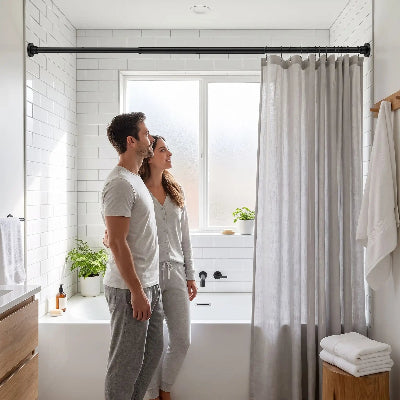 jeune couple regarde leur installation de la barre extensible de douche noire avec les rideaux et crochets