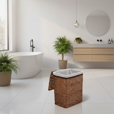 panier à linge osier placer au milieu de la salle de bain