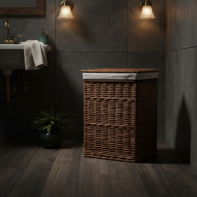 panier à linge osier placer dans le coin de la salle de bain