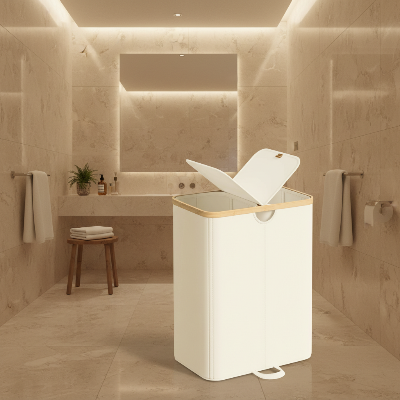 panier a linge 2 compartiment couleur crème dans salle de bain