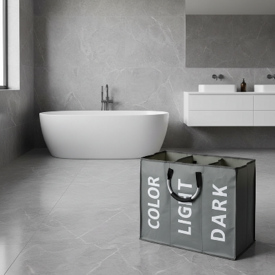 panier a linge 3 compartiment gris dans une salle de bain moderne