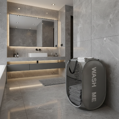 panier salle de bain gris dans une salle de bain luxueuse