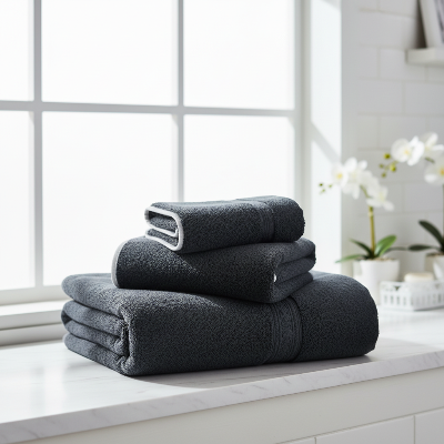 pile de 3 drap de bain homme couleur noir sur le comptoir