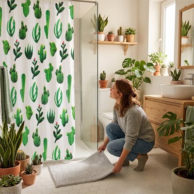 rideau douche avec cactus et femme accroupie hors de la douche tient tapis dans ses mains