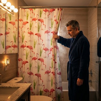 rideau douche avec flamands roses et homme en peignoir marine qui tient le rideau avec sa main droite