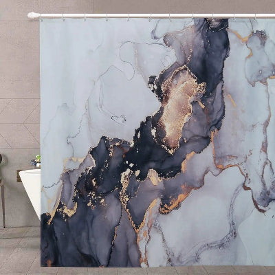 rideaux douche au motif marbre aux couleurs noir blanc or