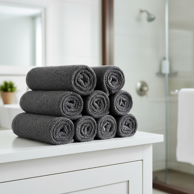 serviette-de-bain-lot-grise-enroulés-en-pile-sur-le-comptoir-de-la-salle-de-bain