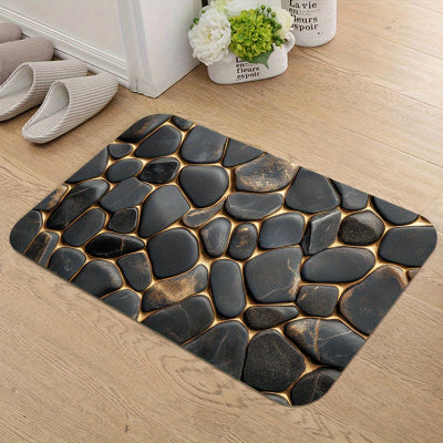 tapis antidérapant pour salle de bain au motif de pierre avec 2 paires de mules à gauche du tapis