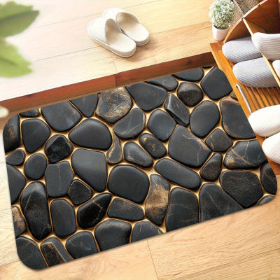 tapis antidérapant pour salle de bain au motif de pierres plusieurs paires de mules à coté