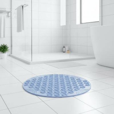  tapis rond pour salle de bain bleu dans une salle de bain moderne