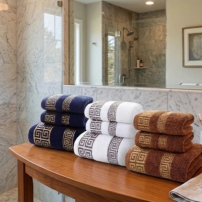 trois piles de serviettes brun blanc et bleu des lots serviette de bain 