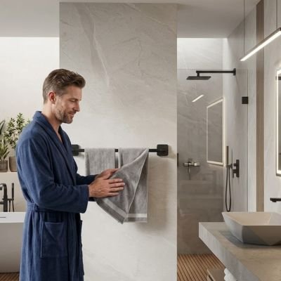 un homme essuie ses mains sur la serviette sur le porte serviette salle de bain mural