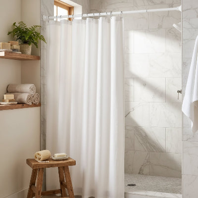 un rideau de douche avec crochets sur barre de douche extensible de couleur blanche