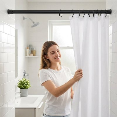une femme ajuste ses rideaux sur la barre de douche de couleur noir