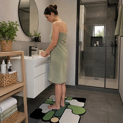 une femme debout devant le miroir et sur le tapis salle de bain vert
