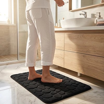 une personne devant le lavabo est sur le tapis salle de bain noir
